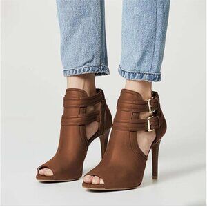 XYD Brown Peep Toe Ankle Bootie High Heels Buckled Double Straps Cutout Shoes